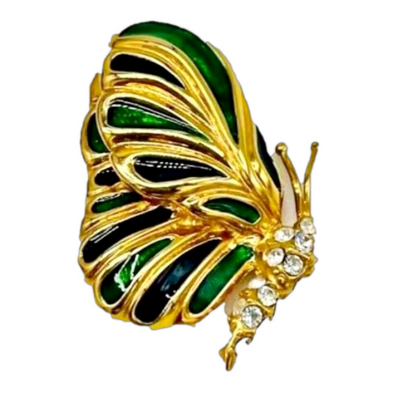 Krementz Jewelry - VTG signed Krementz Butterfly Brooch, Gold tone,Navy & green enamel rhinestones